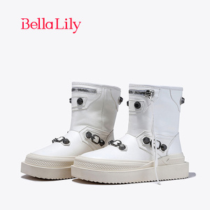 BellaLily新款牛皮羊毛雪地靴女保暖中筒靴加绒时尚时装靴子