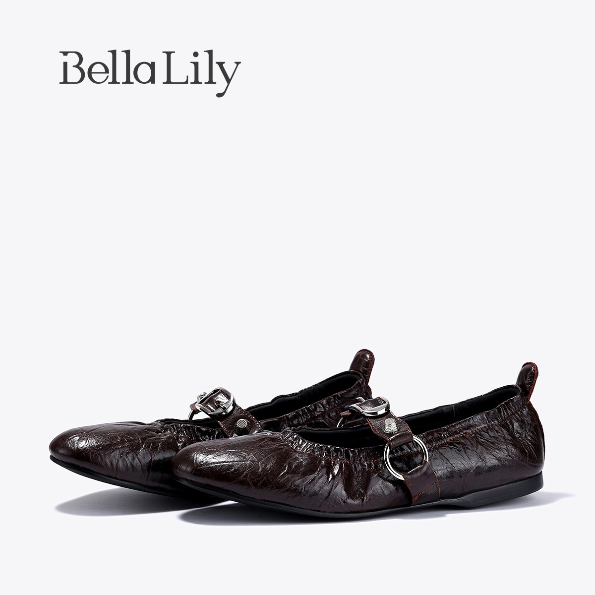 BellaLily2025秋季复古设计感玛丽珍鞋褶皱一字扣平底鞋浅口单鞋
