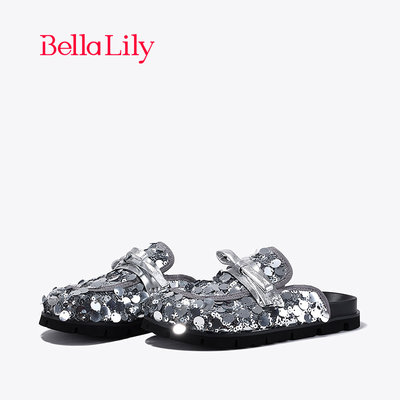 BellaLily2024春季新款外穿潮流半包拖鞋女牛皮休闲鞋一脚蹬单鞋
