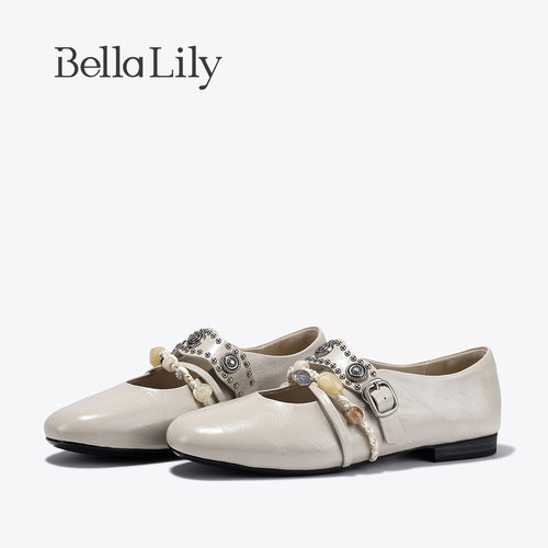 BellaLily新款气质时髦精平底单鞋个性串珠玛丽珍小皮鞋