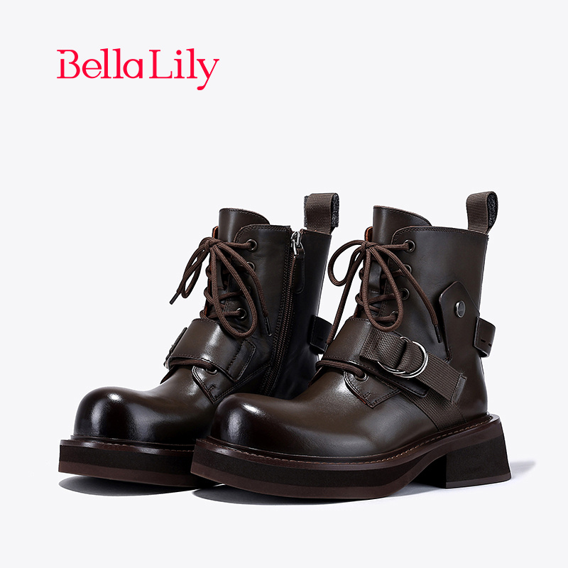 bellalily英伦粗跟牛皮马丁靴