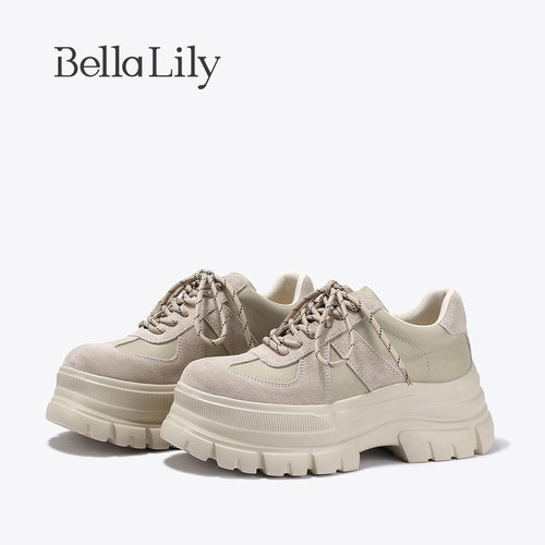 BellaLily2026春季新款厚底增高小白鞋欧美风德训鞋女牛皮休闲鞋