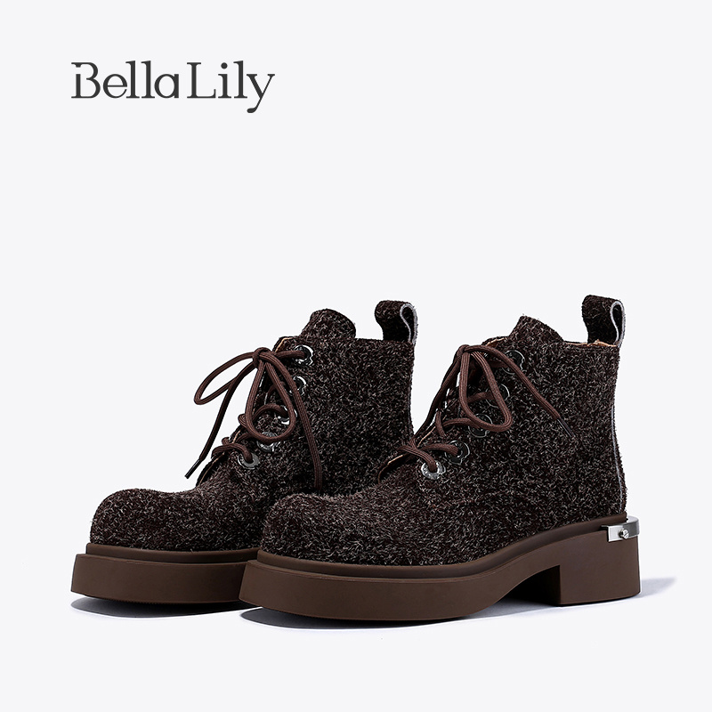 BellaLily新款毛毛系带马丁靴女百搭牛皮工装短靴舒适机车靴