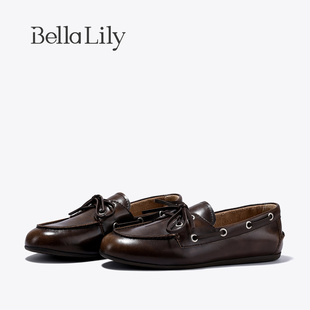 小眾牛皮樂福鞋 BellaLily2025秋季 新款 設(shè)計(jì)感復(fù)古平底單鞋 懶人鞋