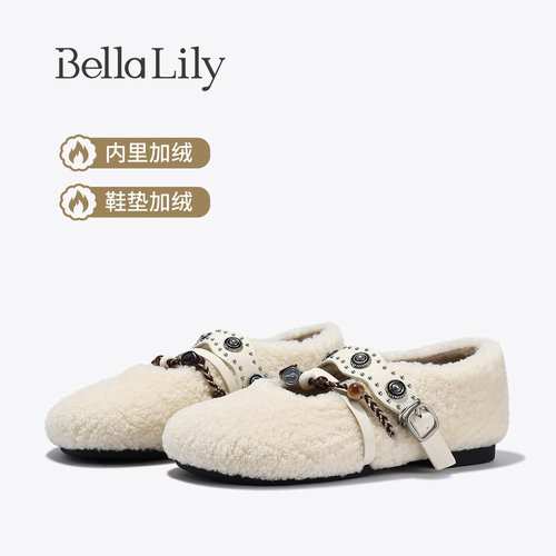 BellaLily2025秋季新款圆头单鞋精致玛丽珍鞋子羊毛保暖毛毛鞋女