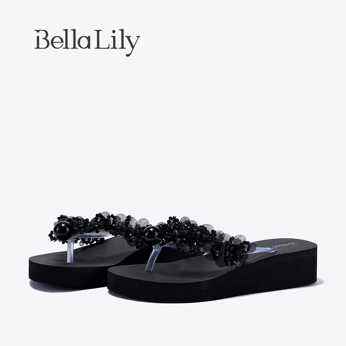 BellaLily夏季新款精致珍珠纱人字拖小坡跟厚底凉拖沙滩凉鞋