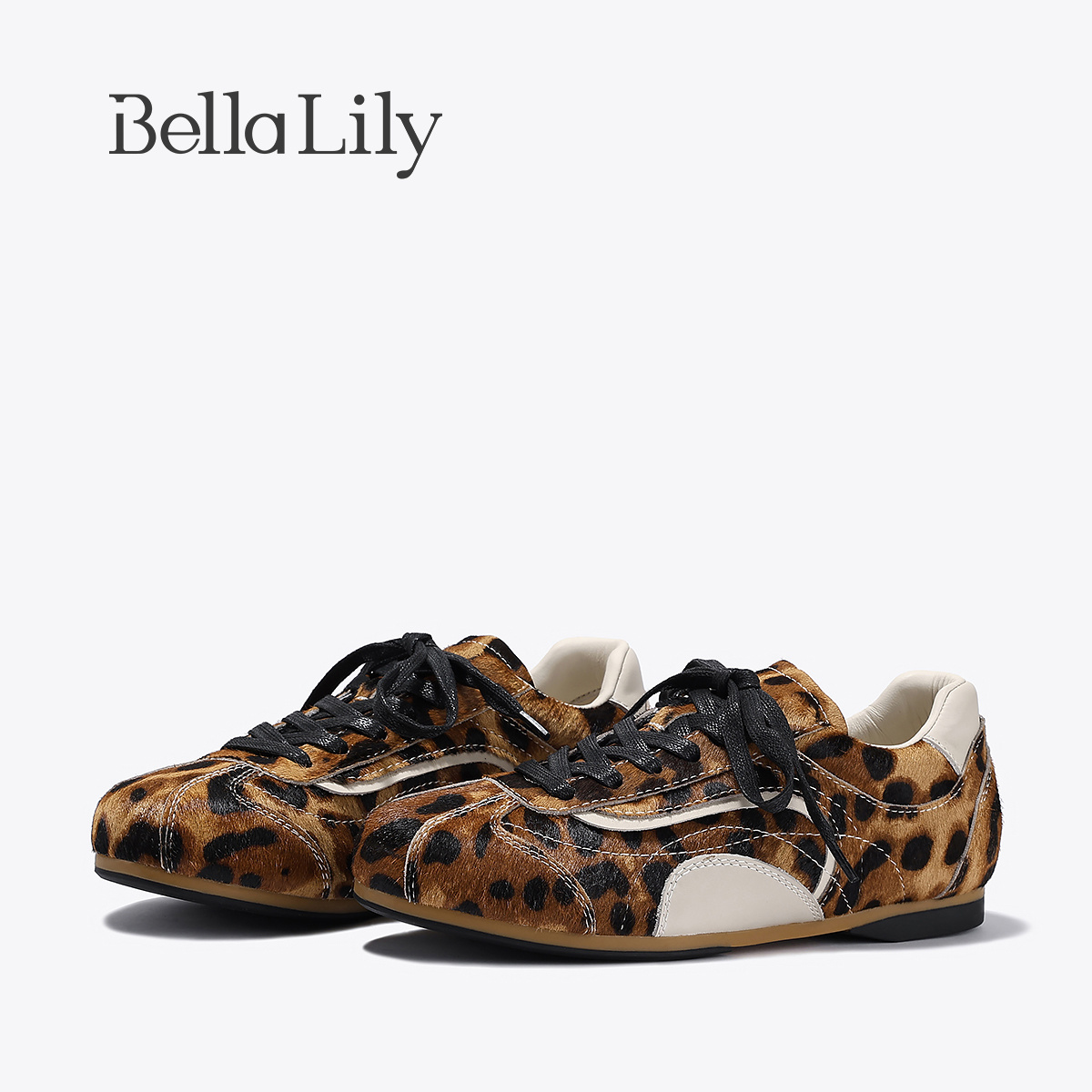 BellaLily2025冬季新款潮流街头风马毛德训鞋豹纹设计感平底鞋潮