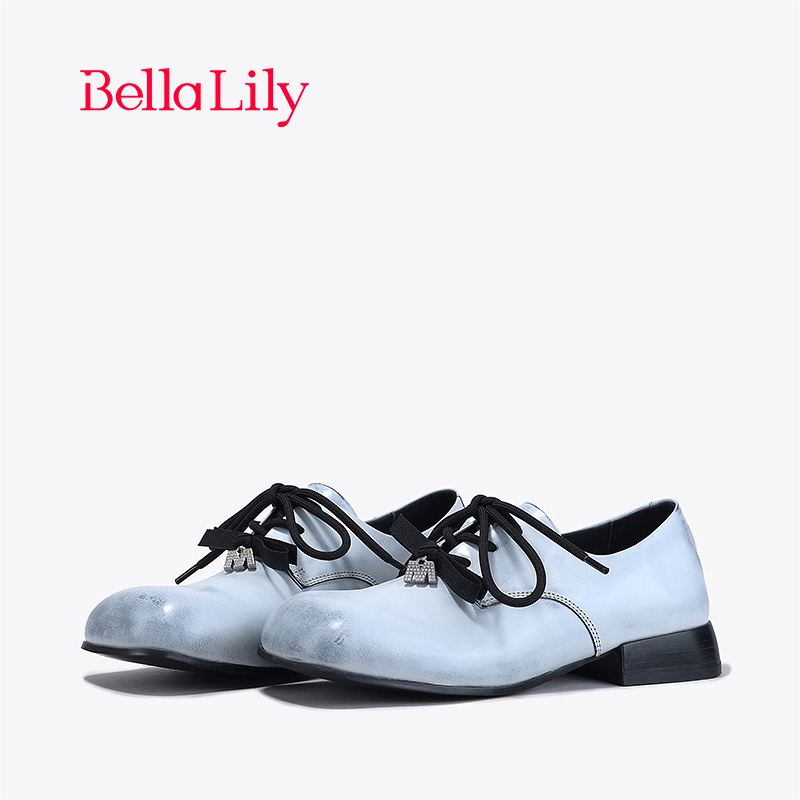 BellaLily新款脏脏做旧小皮鞋女复古单鞋气质字母制服鞋