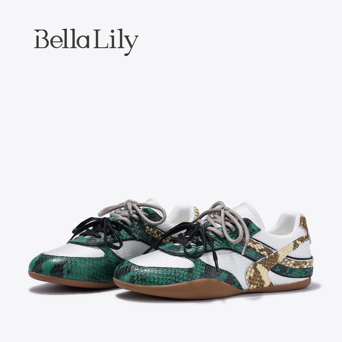 BellaLily2025夏季新款炸街复古牛皮德训鞋女蛇纹撞色潮鞋休闲鞋