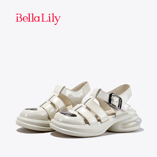 新款 女牛皮厚底沙滩鞋 气垫增高凉鞋 BellaLily2024春季 真皮罗马鞋