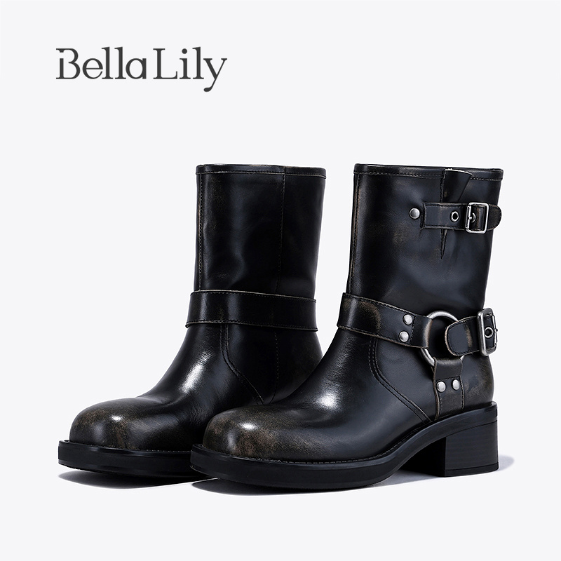 bellalily英伦粗跟皮带扣时装靴