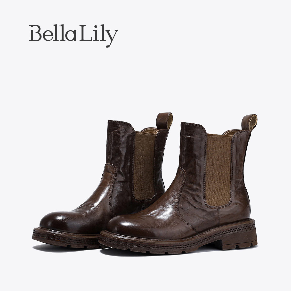 BellaLily秋冬新款复古手抓纹重工切尔西靴粗跟短靴女瘦瘦靴