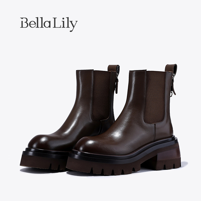 bellalily英伦粗跟牛皮切尔西靴