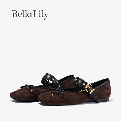 BellaLily新款复古芭蕾风羊皮单鞋蝴蝶结一字扣平底鞋女