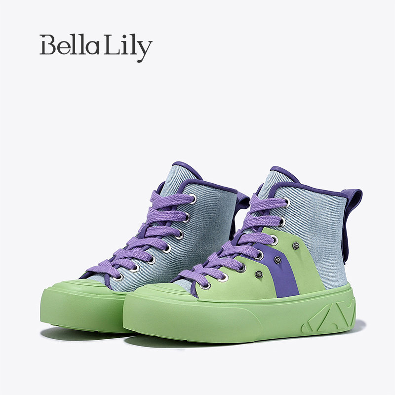 bellalily新款街头风拼色高帮鞋女透气帆布鞋潮酷板鞋子