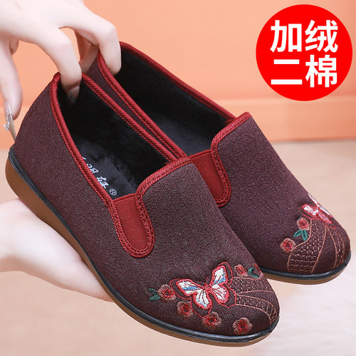 二棉舒适软底薄绒绣花民族风棉鞋