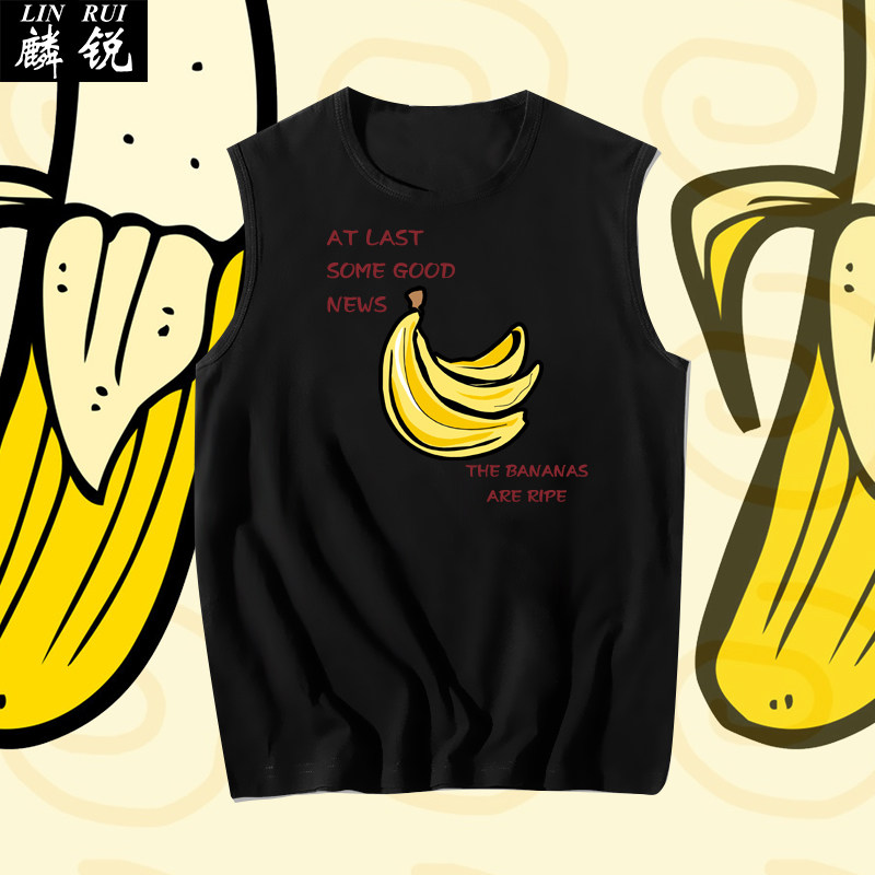 波普ins风小众插画卡通香蕉柠檬无袖t恤衫男士纯棉背心凉快体恤夏