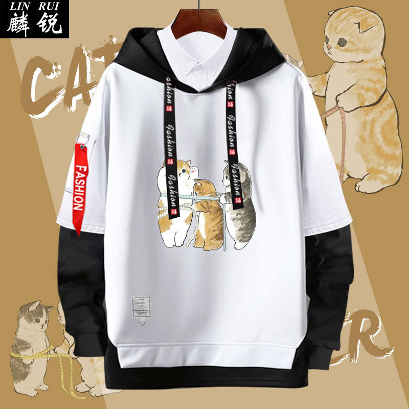三只猫咪量腰围日系猫咪呆萌可爱假两件连帽卫衣男女学生外套帽衫