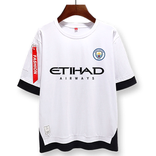 曼城队服球迷服同款斯特林京多安足球假两件短袖T恤衫男女5五分袖
