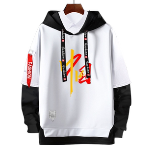 中国爱国中国风中国制造樱花假两件连帽卫衣男女外套帽衫学生衣服