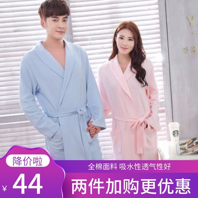 睡袍男夏全棉薄款长袖情侣睡衣女夏季纯棉毛巾料浴袍宽松短袖美容