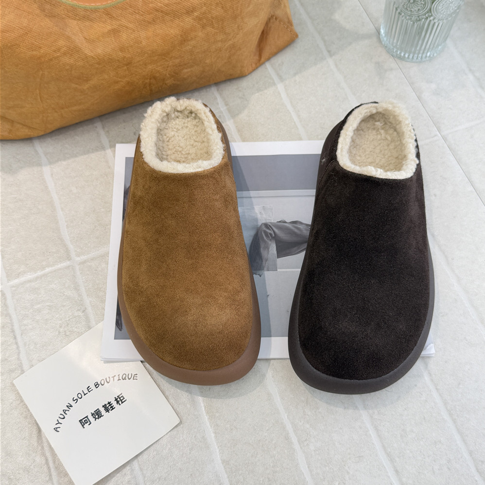 TATAFOCUS~加绒棉鞋2025冬反绒皮勃肯鞋平底懒人包头半拖鞋3380