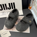 605 圆典 加绒厚底4cm魔术贴浅口2025毛绒玛丽珍呢子一脚蹬棉鞋