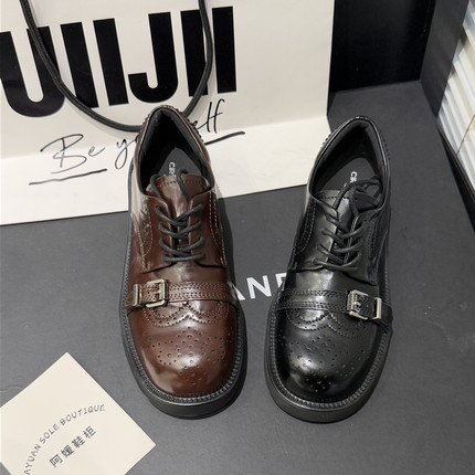 圆典~森女公主乐福鞋复古布洛克鞋2025春粗跟系带小皮鞋单鞋26-53