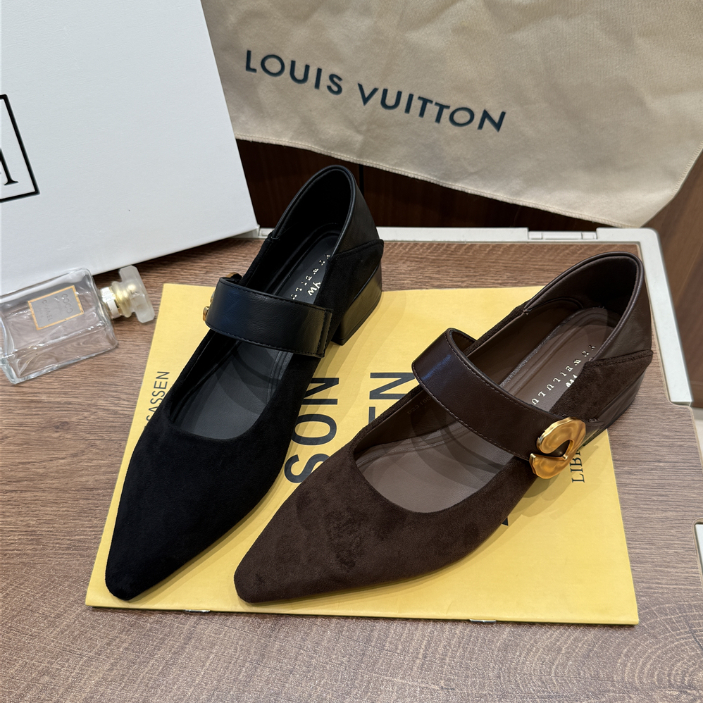 雨薇露露~魔术贴2025新款尖头粗跟单鞋一脚蹬女玛丽珍鞋23150-39