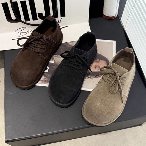 IG~擦色4CM厚底磨砂皮单鞋系带勃肯鞋翘头小皮鞋2025秋季G79-130B