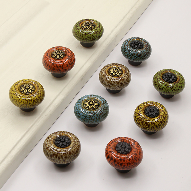 新款复古典衣橱柜门拉手家具五金配件抽屉拉手单孔彩色圆形把手柄