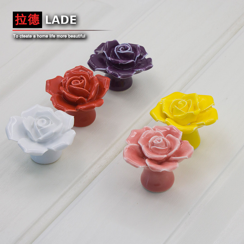 拉德衣柜拉手欧式现代简约田园玫瑰花陶瓷柜子单孔抽屉橱柜门把手