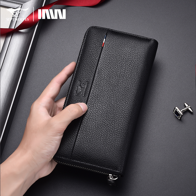 七匹狼钱包男士长款真皮拉链皮夹子2024新款手包手拿包爸爸牛皮包