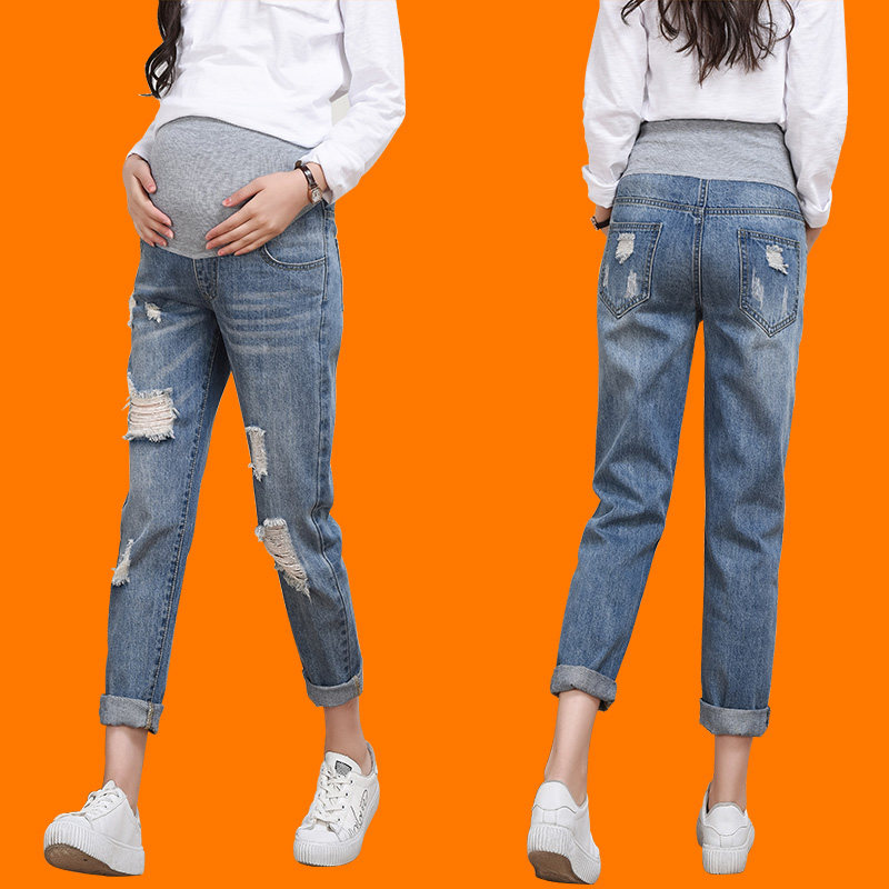 孕妇裤子破洞九分牛仔裤宽松直筒潮妈阔腿春秋外穿大码秋装孕妇裤