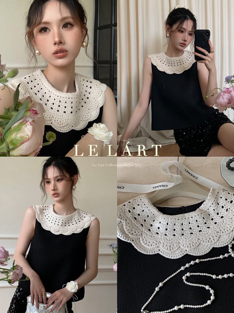 Black sleeveless top with a white crochet scalloped collar shown on a model and in a flat lay collage