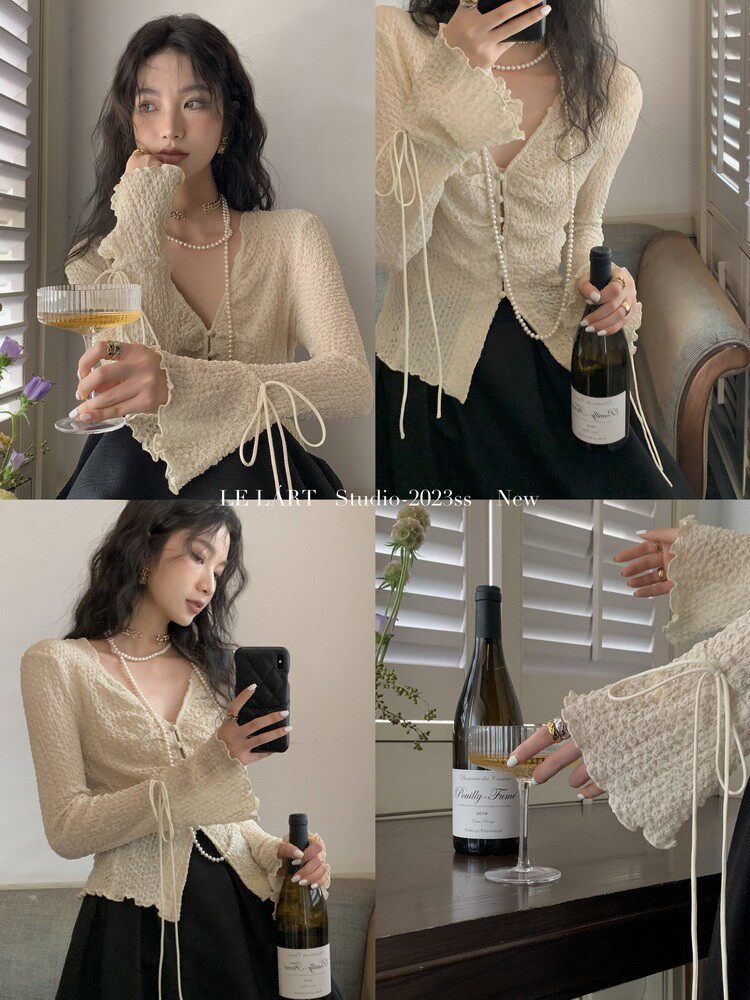 Cream sheer long-sleeve blouse worn by a model in a lifestyle collage