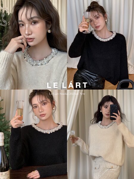 Model wearing a beaded neckline knit sweater in black and cream