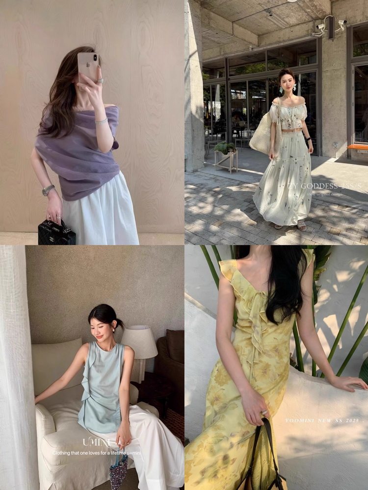 Collage of women modeling lightweight summer dresses in soft pastel and floral styles