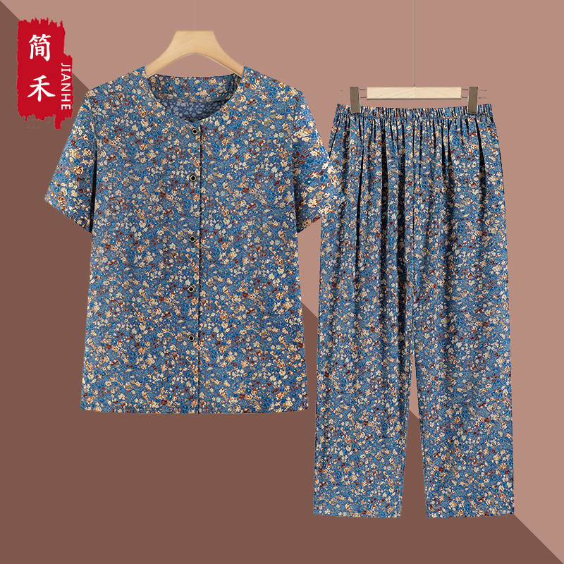 奶奶夏季棉绸碎花短袖家居套装