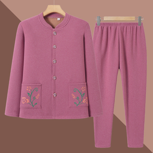 睡衣女国风冬天中老年妈妈秋衣秋裤 奶奶太太家居服两件套 保暖套装