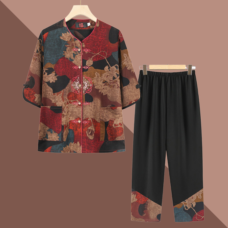 奶奶装夏季新款套装中老年人衣服女大码妈妈复古唐装中袖薄款衬衫