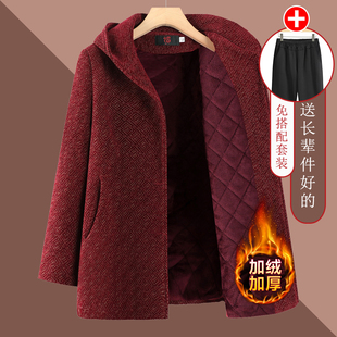 妈妈仿貂绒外套老年人冬装女奶奶中长款大衣加厚高贵老人连帽外衣
