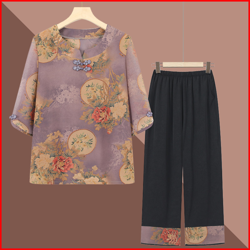 老年人夏装女套装奶奶装短袖妈妈遮肚子雪纺衫老太太夏天衣服60岁