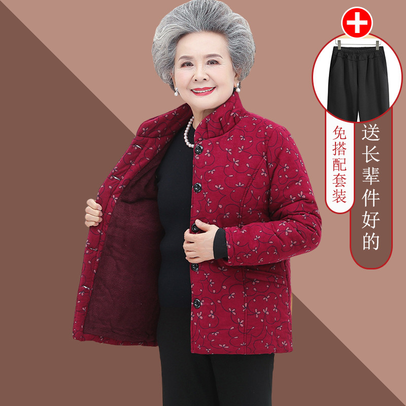 新款碎花棉衣女妈妈加绒加厚中老年女士保暖棉袄奶奶短款纯棉外套