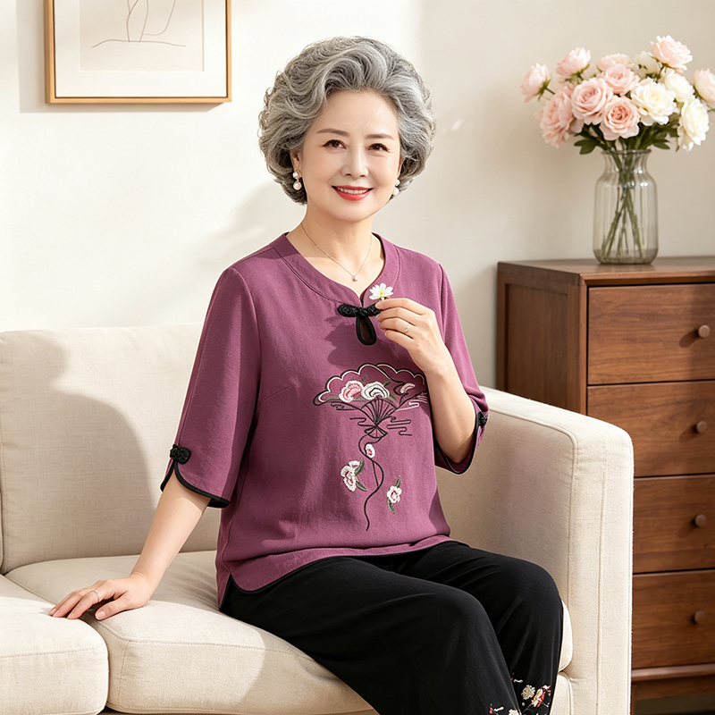 中老年人套装女奶奶夏装中袖妈妈夏季老人衣服60岁70老太太唐装80