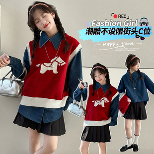 马年穿搭春季新款女童中大童红色外搭叠穿针织马甲背心裙子三件套