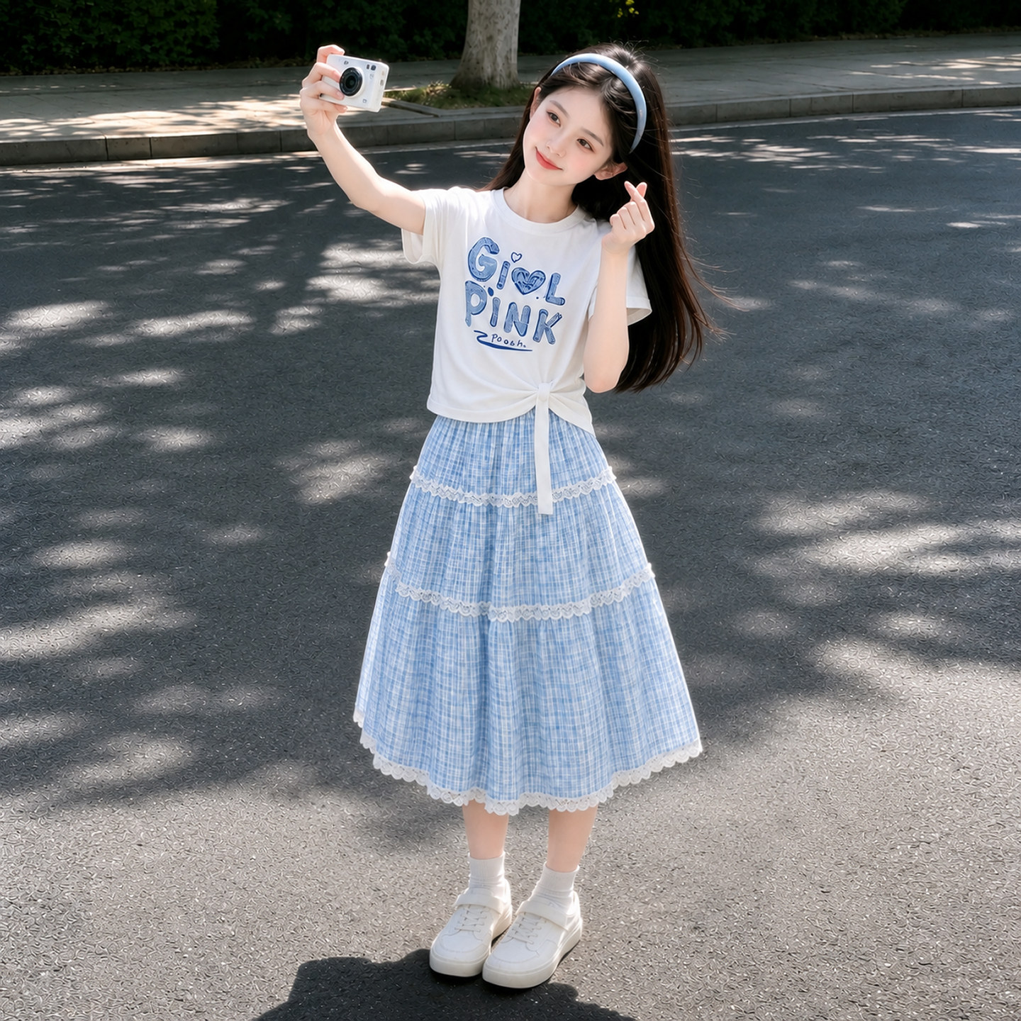 女童夏季韩系洋气短袖半身裙套装图片