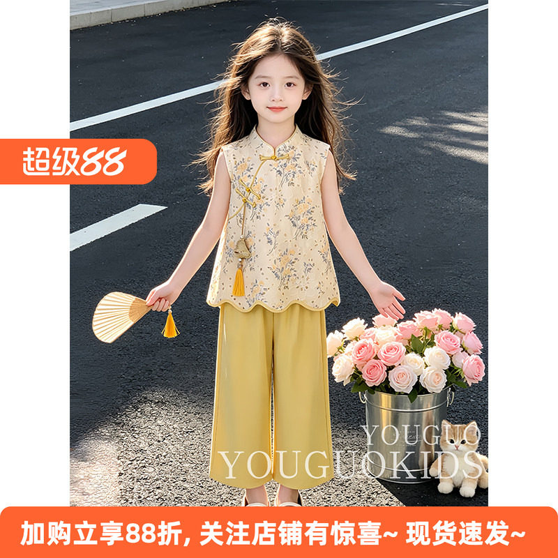 女童夏季新中式汉服阔腿裤套装图片