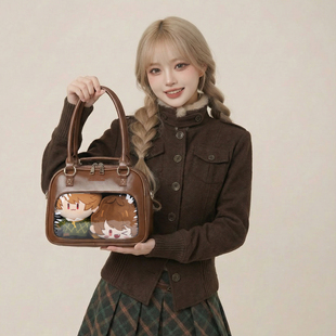 AORDA 韩系棕色痛包原创小食量单肩通勤10cm娃包斜挎双肩吧唧透明