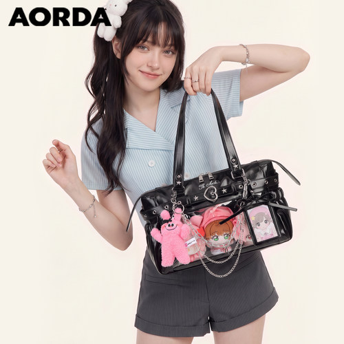AORDA日常黑色机车痛包单肩娃包
